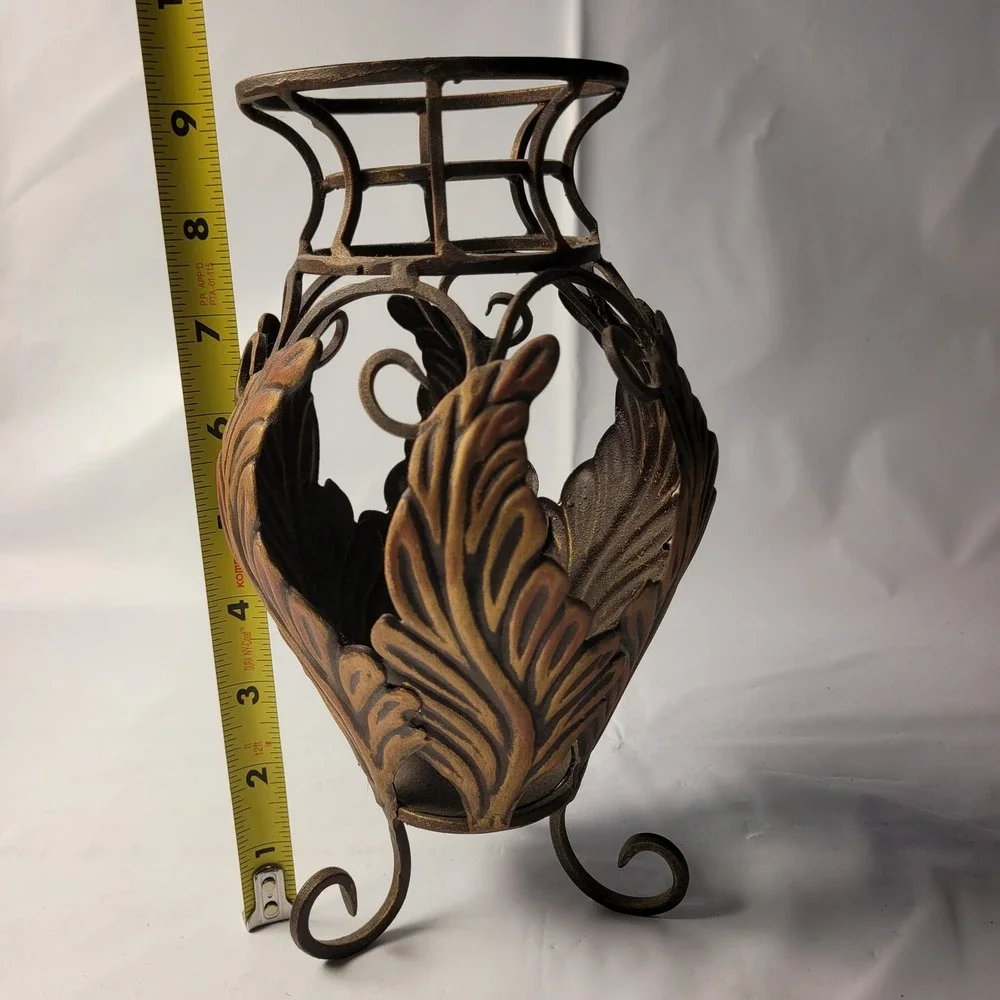 Metal Pillar Candle Holder‎ Bronze Look Steel Acanthus Leaf Scroll Footed 9in